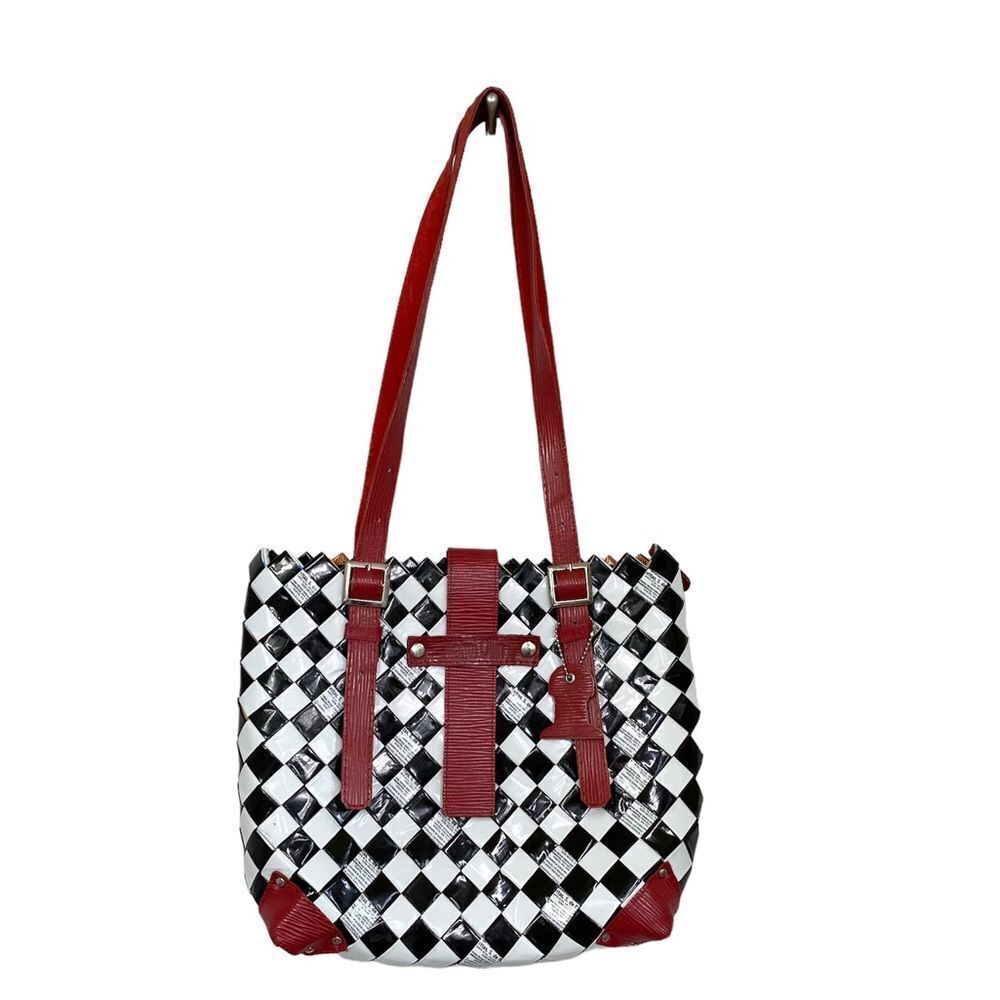 Nahui Olllin black white red checkboard woven tote shoulder bag